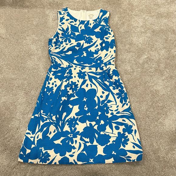 J Crew Women's Blue and White Cotton Floral Tropical Print Sheath Dress Size 4 - Picture 6 of 10